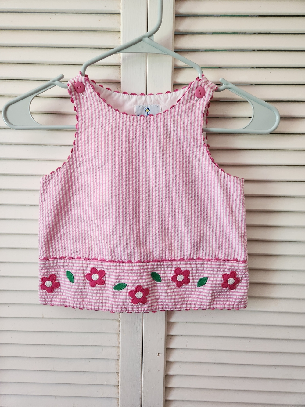 Florence Eiseman Pink Seersucker Tank with Floral Trim Size 6